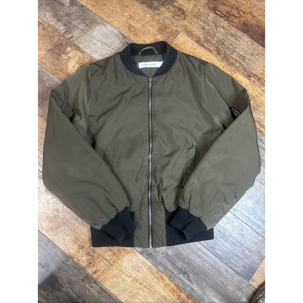 Bishop + Young Womens Olive Green Flight Bomber Jacket Size Medium Ribbed Trim